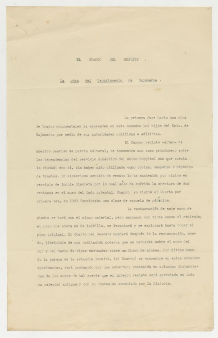 "El cuarto del rescate. La obra del departamento de Cajamarca"